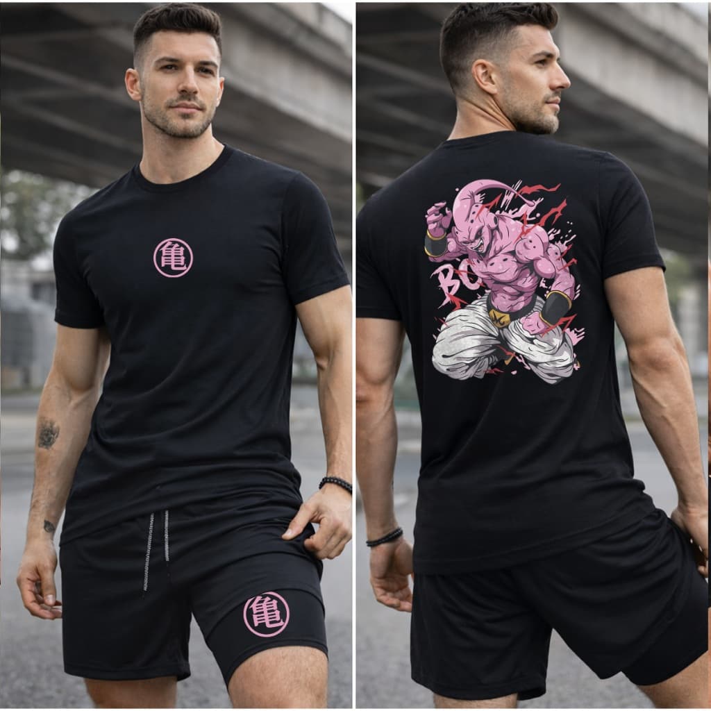 Kit Camiseta Algodão Bermuda Dry Fit Majin Boo Academia Treino Musculação Conjunto Streetwear