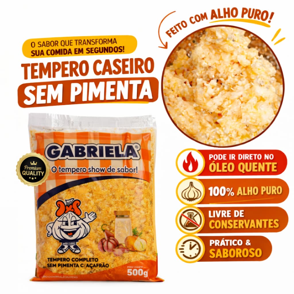 Tempero Gabriela Completo Sem Pimenta com Açafrão 500g - Alho e Sal Caseiro para Arroz, Feijão e Carnes Tempero Prático