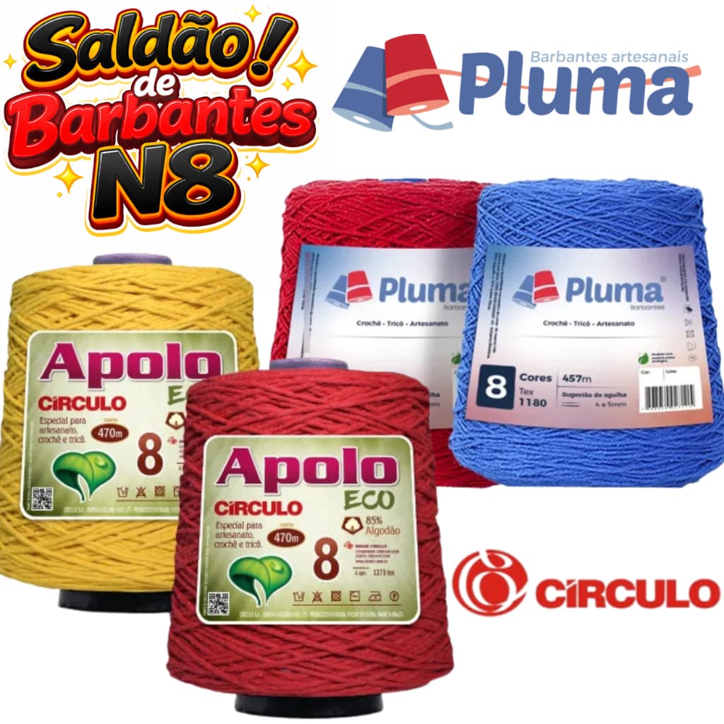 Barbante Apolo Ou Pluma N8 com 600g - Barbantes Para Tapetes / Crochê / Trico