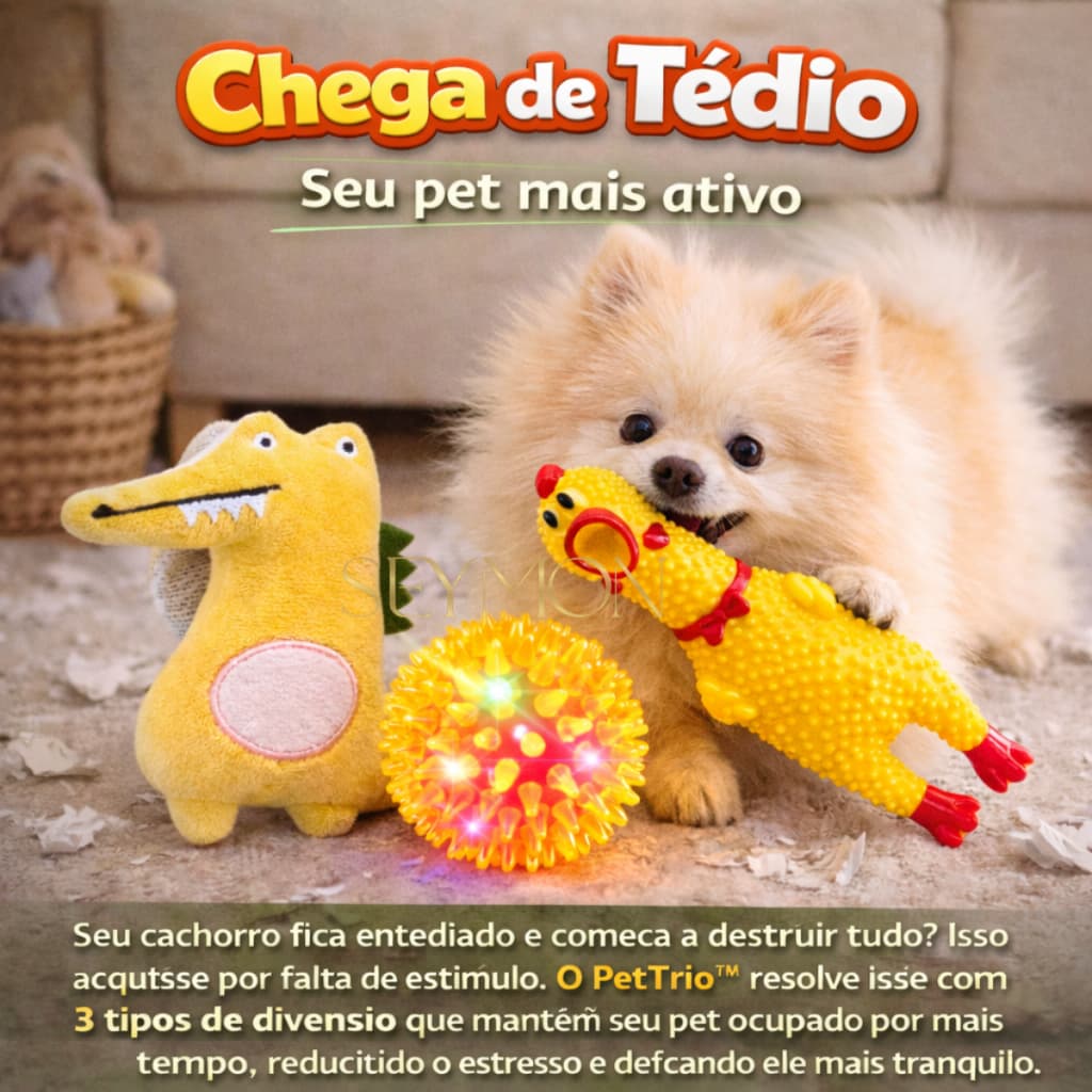 PetTrio Kit 3 Brinquedos para Cachorro Pequeno Bolinha LED Mordedor Anti Estresse Pet Interativo Brinquedos Frango