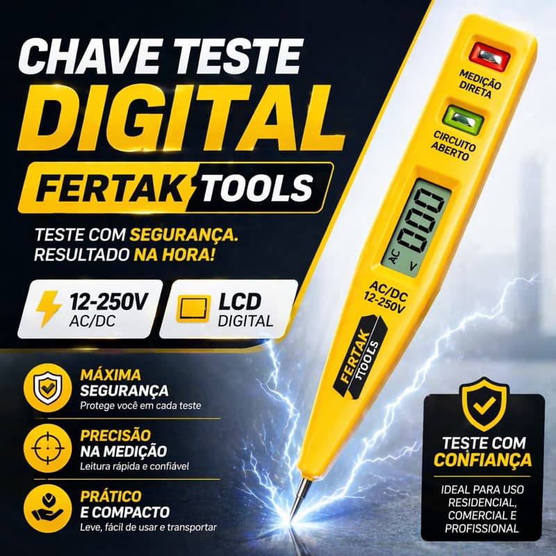 Chave Teste Digital Profissional AC/DC 12–250V com Display LCD – Fertak Tools