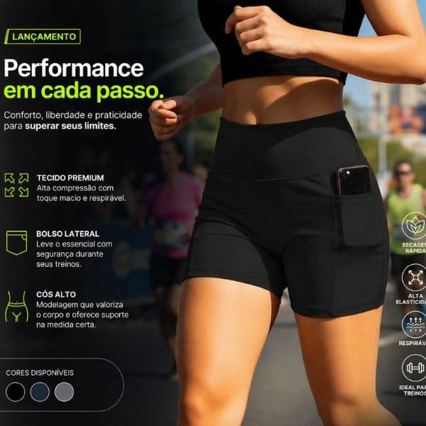 Short Legging Feminino Liso Moda Fitness de Academia Treino Corrida Ginástica Com Bolso Porta Celular Roupa Fitness