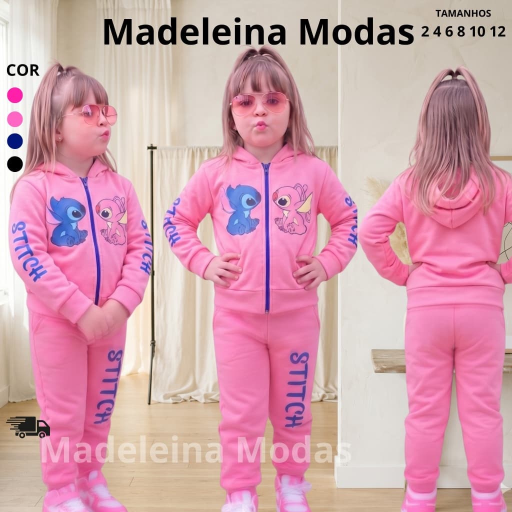 Conjunto Moletom Infantil Feminino Flanelado com Capuz e Zíper Estampado Roupa de Frio Menina