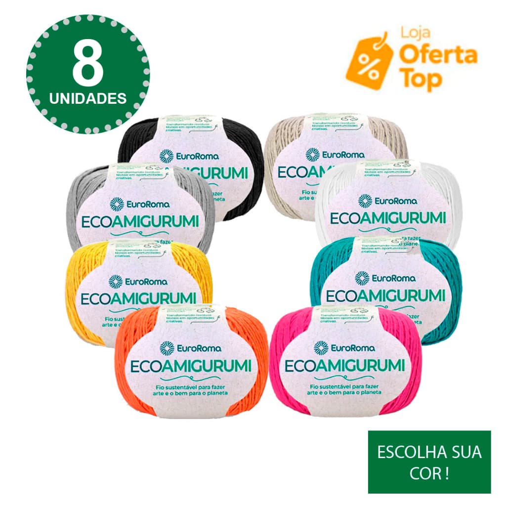Kit 8x EcoAmigurumi EuroRoma 160g 254m Fio para Amigurumi Crochê e Tricô Algodão Reciclado Tex 526