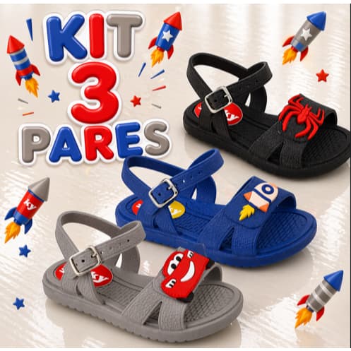 Kit 3 pares de sandalias infantil menino.Confortavel.Volta as Aulas.Drika Calçados