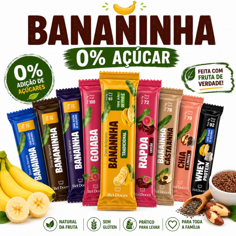 Barrinha Bananinha 0% Açúcar Snack Natural Saudável Mix Sabores Sem Glúten 24 unid caixa