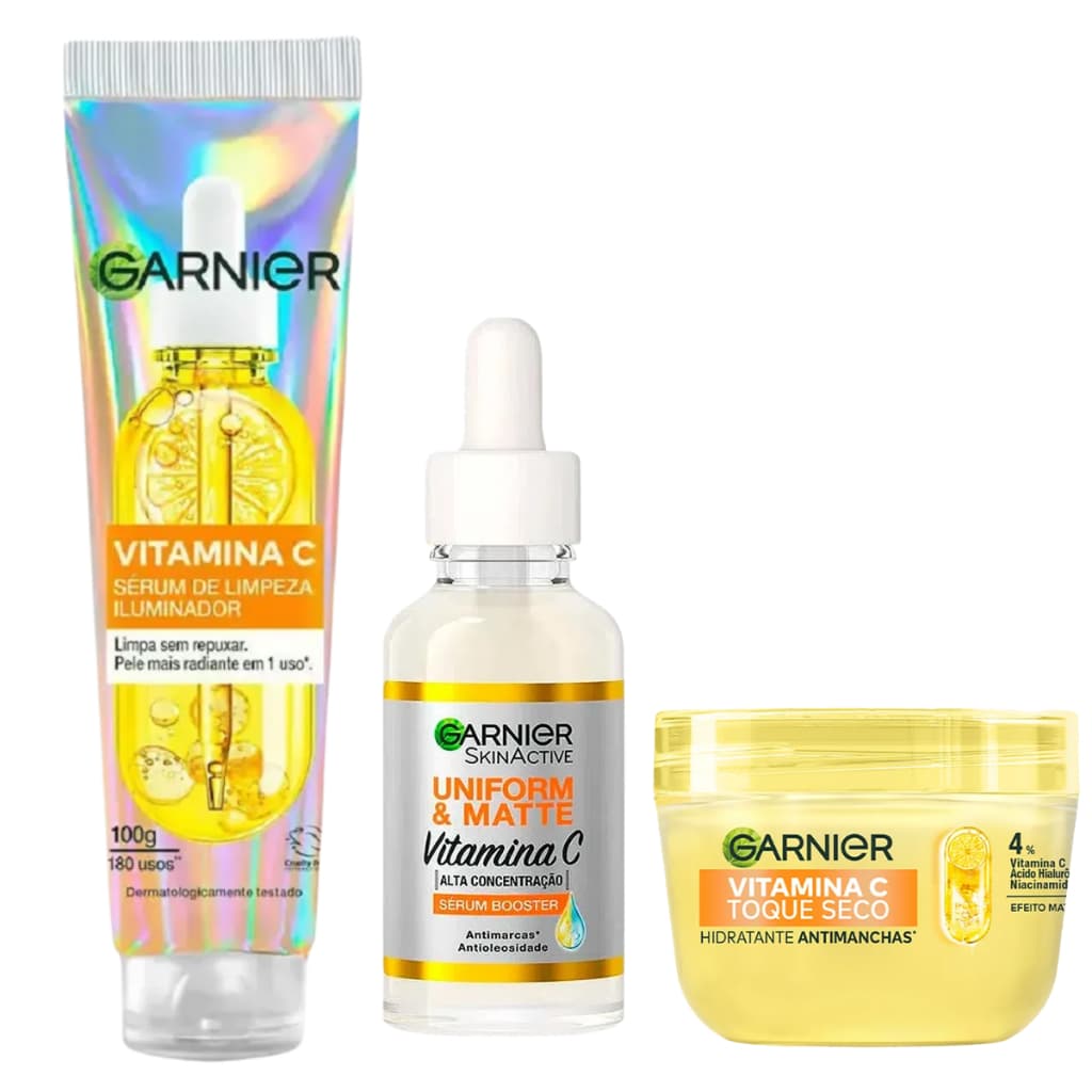 Kit Garnier Vitamina C Sérum 15ml + Hidratante + Gel Limpeza Iluminador