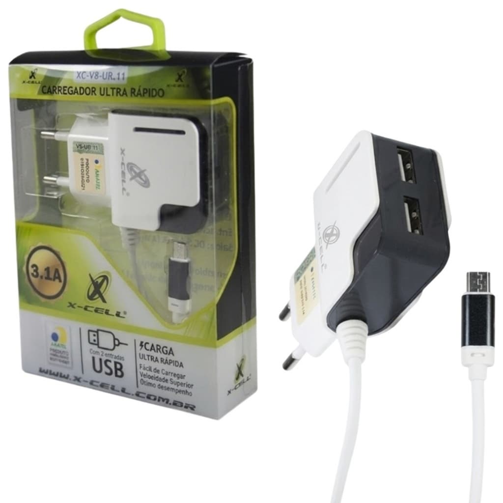 Carregador de Celular Tablet Turbo V8 Micro-USB Ultra Rápido 3.1Ah com duas entradas USB Xcell