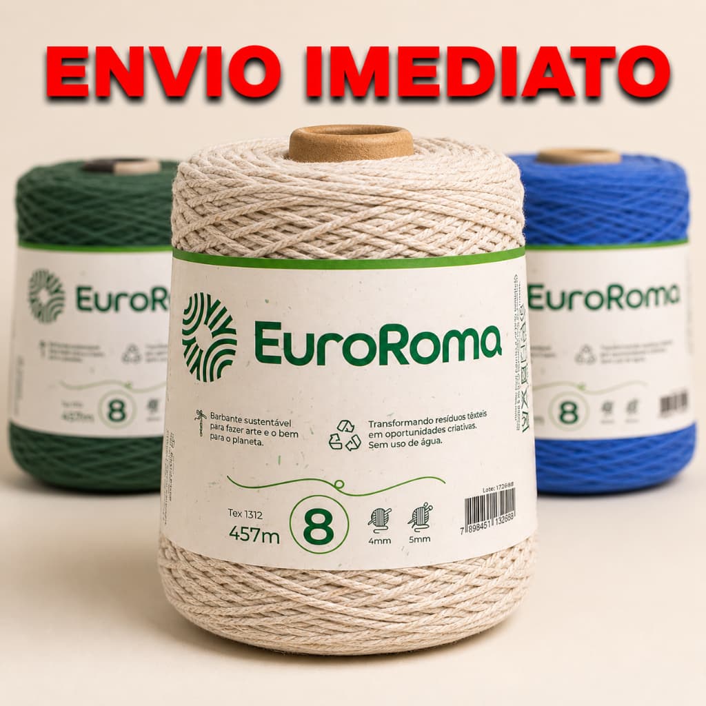 Barbante EuroRoma 600g Nº8 Ecológico para Crochê, Tricô, Artesanato - Cores