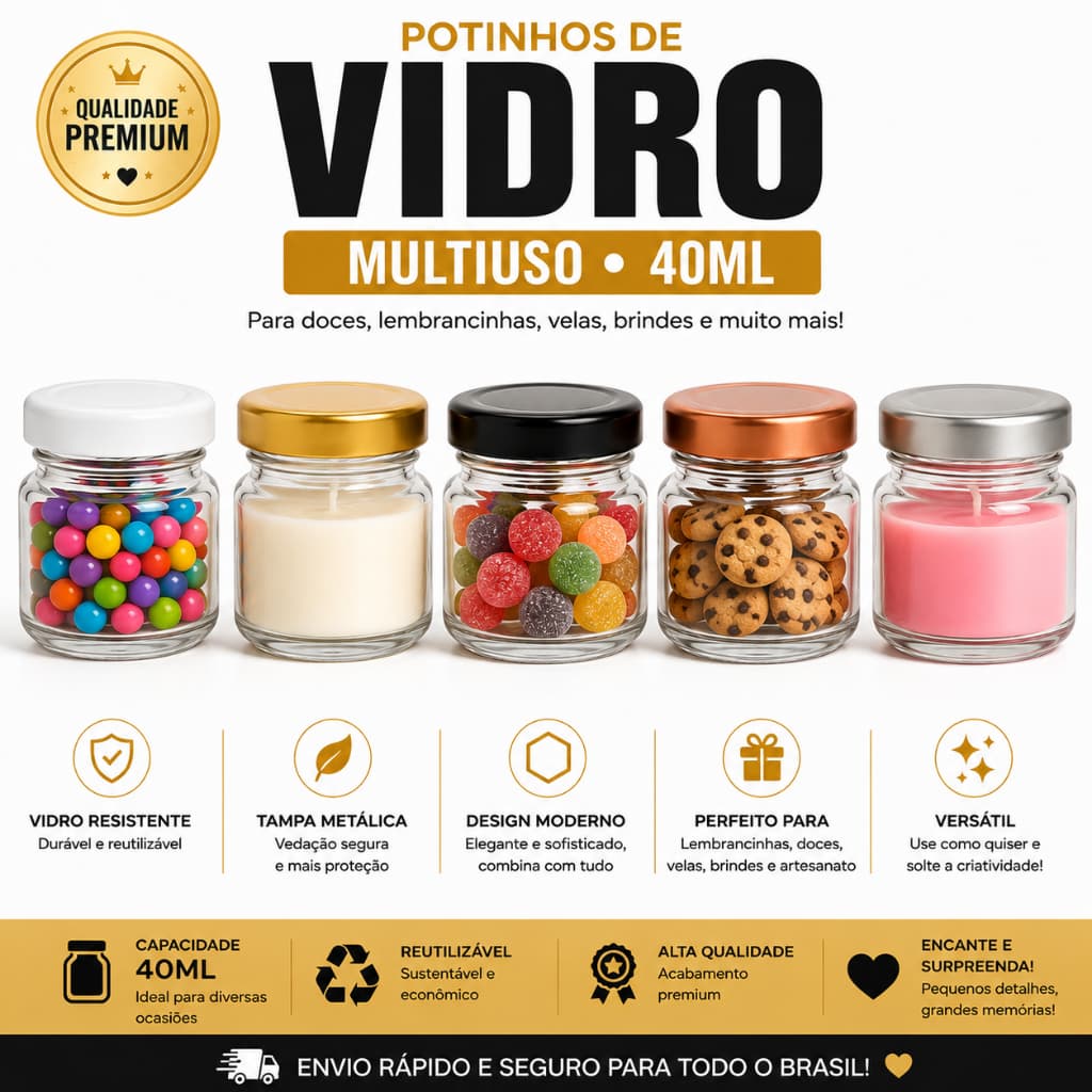 Pote de Vidro com Tampa Hermético Tempero Vela Decoração Alimentos Geleinha Kit 40ml