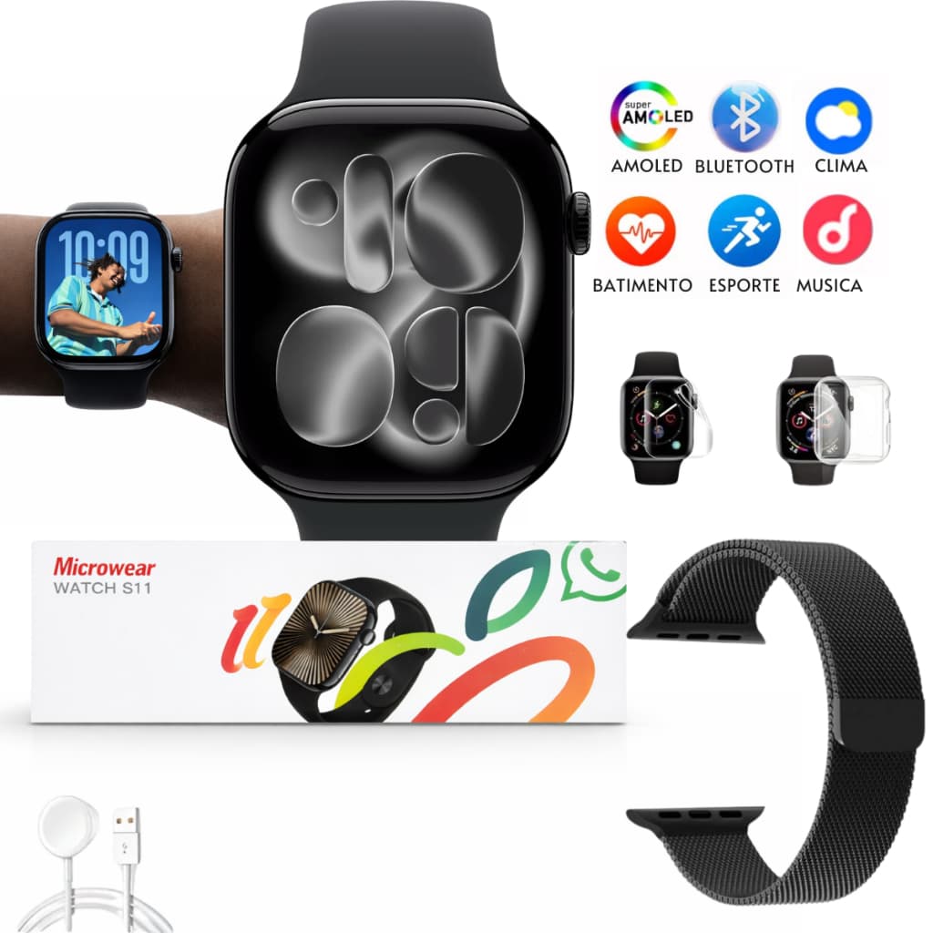 Relógio Digital Smartwatch S11 2.0 Bluetooth Troca Pulseira Notificação Pulseira Metálica Preta
