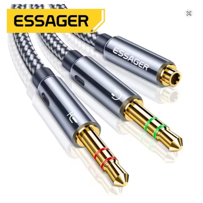 Adaptador ESSAGER P2 para P3, divisor Split para Headset Gamer para PC, Notebook Áudio + Microfone Cabo Reforçado