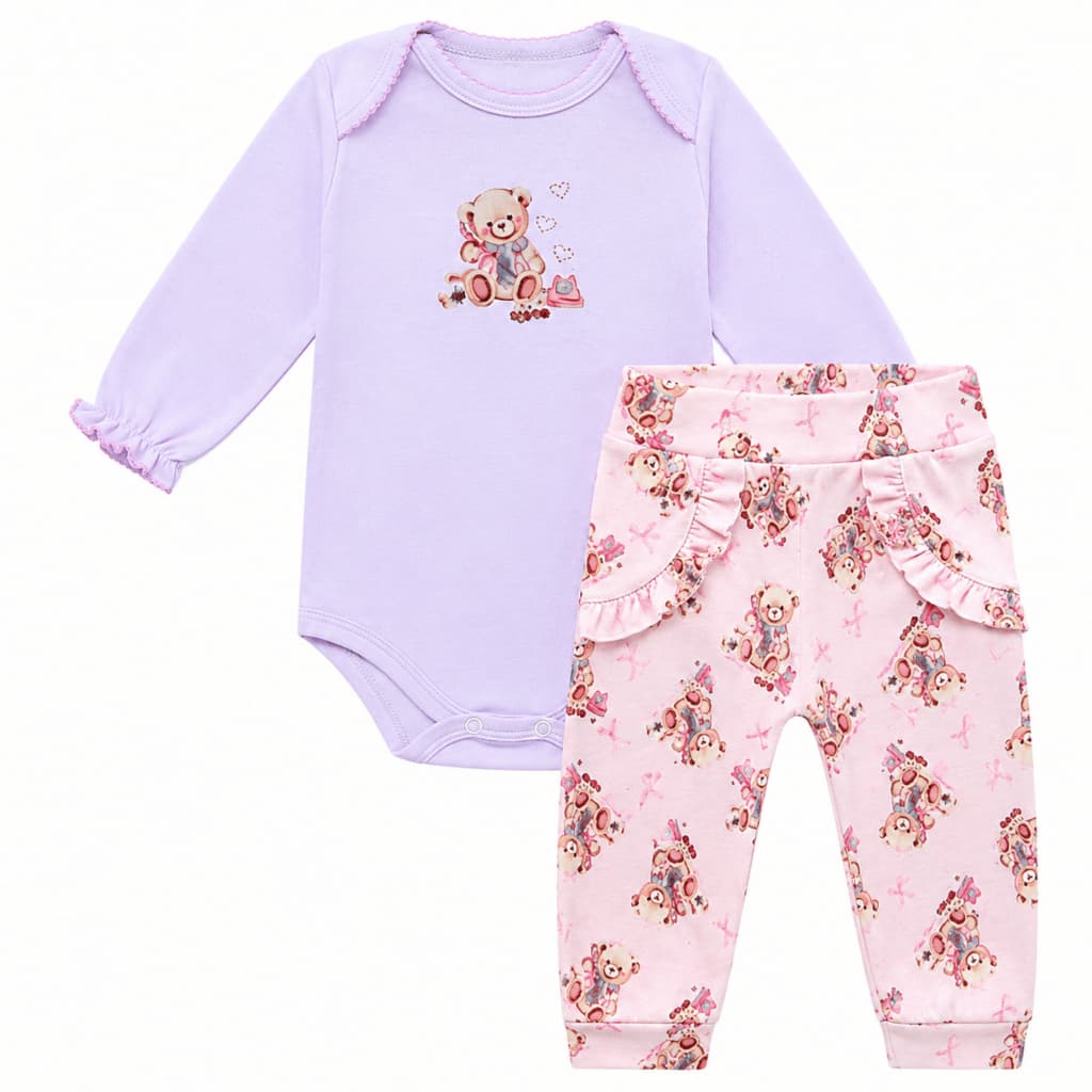 Conjunto Bebê Menina Body Manga Longa Ursinha Calça Mijão Algodão Calça Luxo Roupa Bebê Menina Inverno
