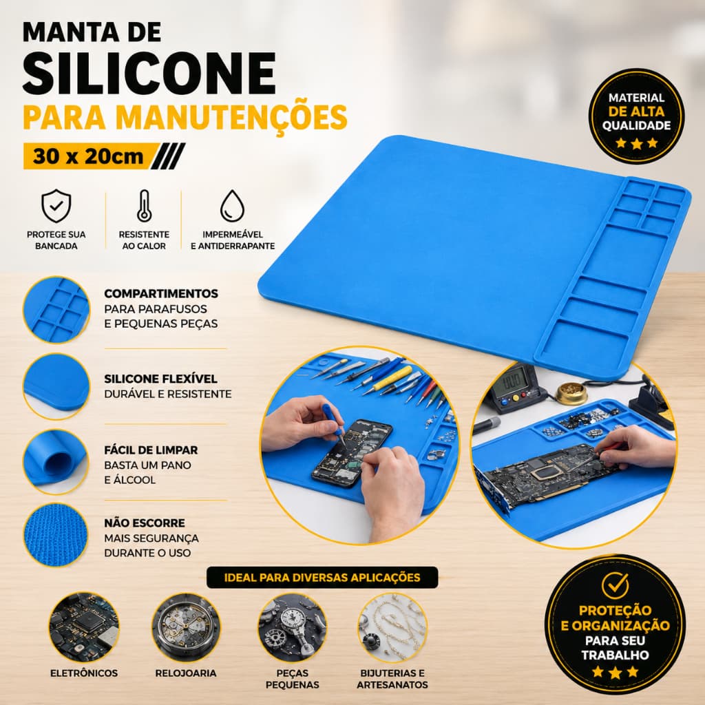 Manta Antiestática Silicone 30x20cm Resistente 500°C Bancada Solda Reparo Eletrônica