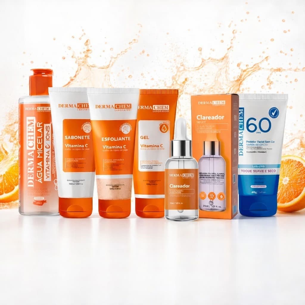 Kit de Limpeza facial Vitamina C completo com Protetor solar clareador facial 6 itens