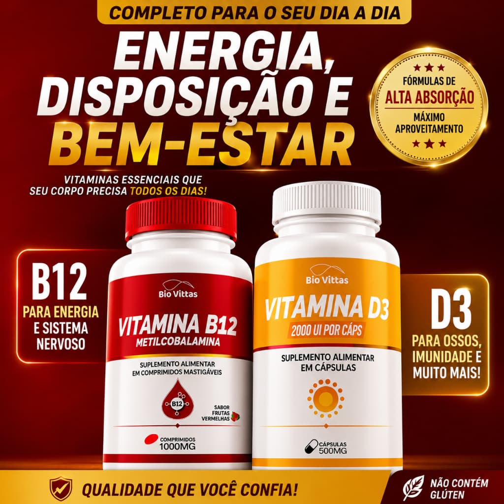 B12 Metilcobalamina + Vitamina D3 2000ui   Suplemento Imunidade - Energia - Bio Vittas
