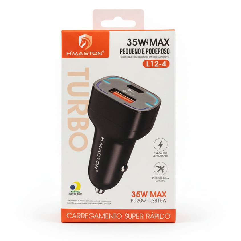 Carregador Veicular Carro Turbo Samsung Iphone H'maston 35W USB-C Duas Saídas Potente Compacto Carregamento Rápido