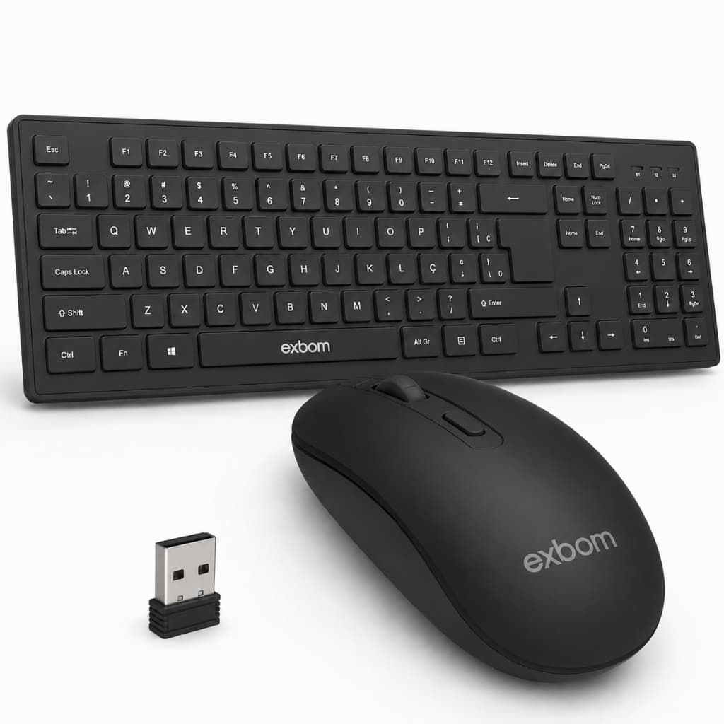 Kit Teclado Sem Fio Preto Slim ABNT2 Silencioso Exbom + Mouse Ergonomico com Pilha Home Office Plug and Play USB
