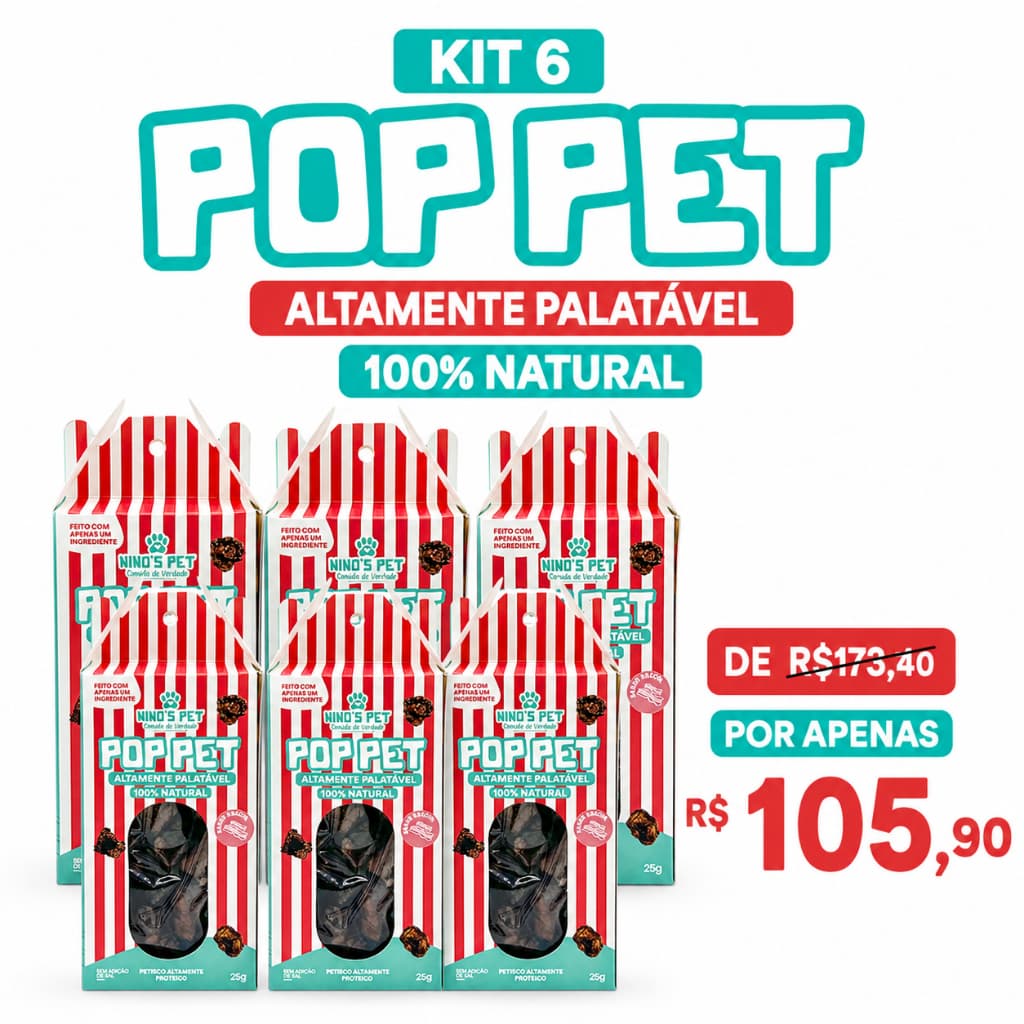 Kit 6 Pop Pet Pulmão Suíno Desidratado Petisco Natural para Cães e Gatos Snack Saudável Ninos Pet 25g
