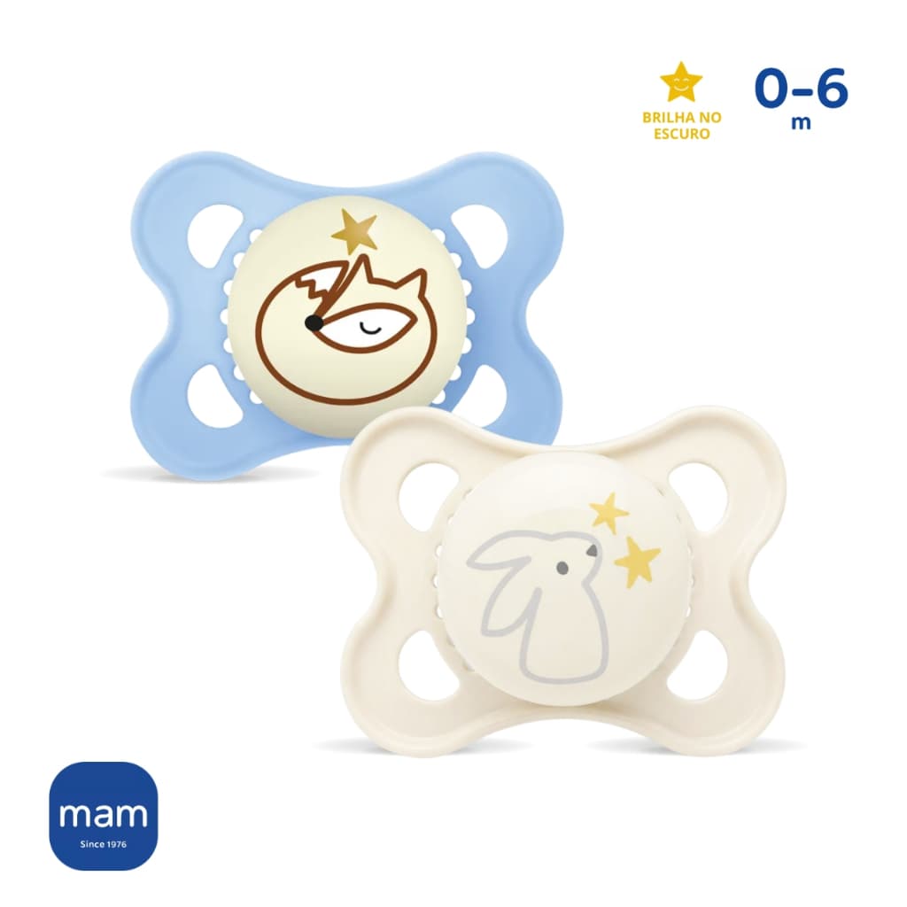 Chupeta MAM 0-6 Meses Brilha Escuro Original Night Dupla Azul Bebê Menino Infantil Recém Nascido