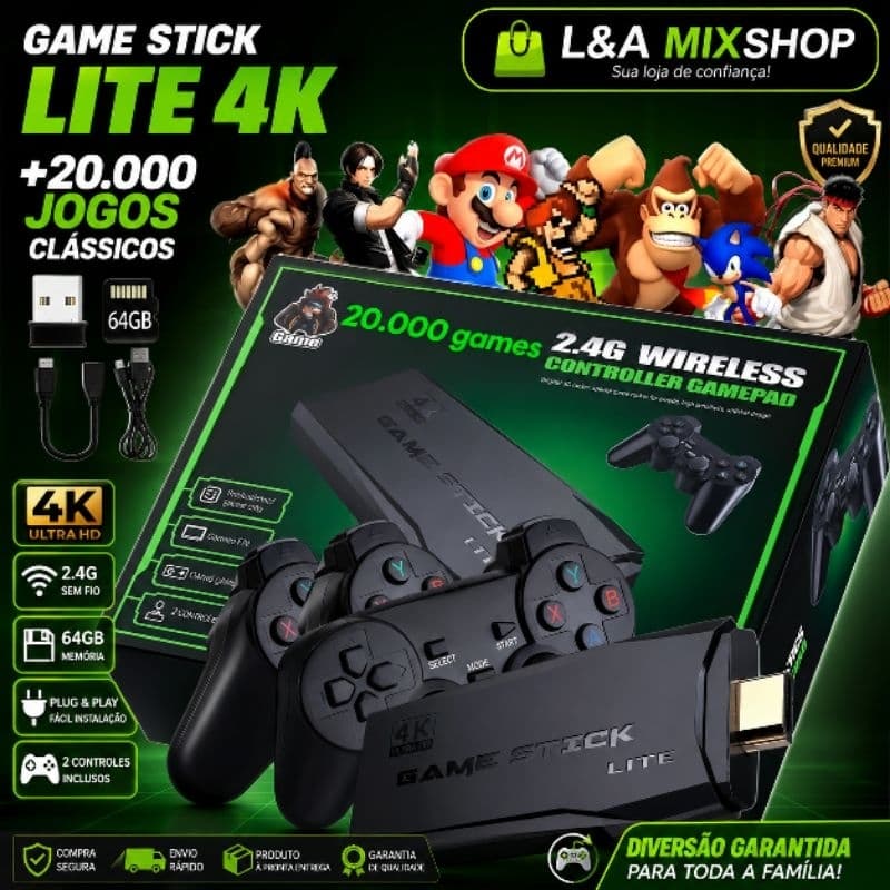 【20000+ Jogos 64GB】Video game Stick 4K Com 20000 Jogos 64gb 2 Controles Sem Fio Console Portátil Jogos Retro Vídeo Game