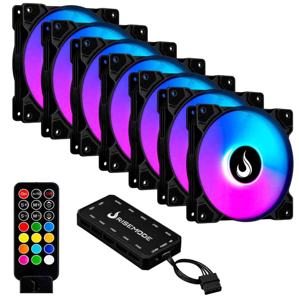 Kit 7 Fans Cooler Ventoinhas Pc Gamer Rise Mode Z Black Argb C/ Controladora Hub Preto