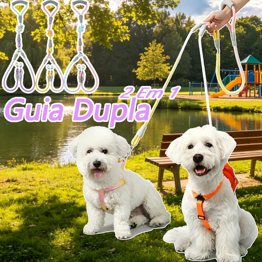 Guia Dupla Coleira 1.4m Pets Cachorro Cães Gatos 2 Cordas Antienrolamento Gradiente Resistente