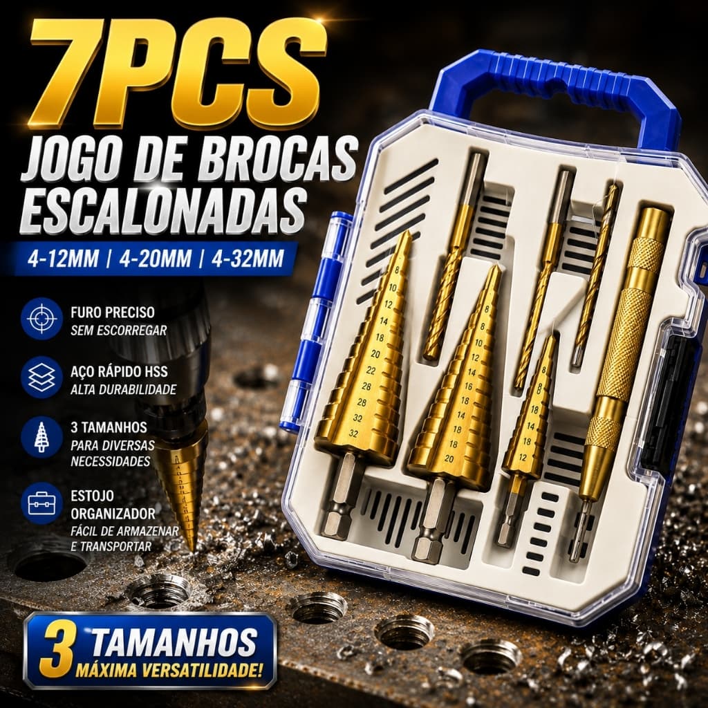 Kit 7 Brocas Escalonadas de Titânio HSS 4-32mm, Perfuração Rápida para Metal com Escala de Medição e Estojo