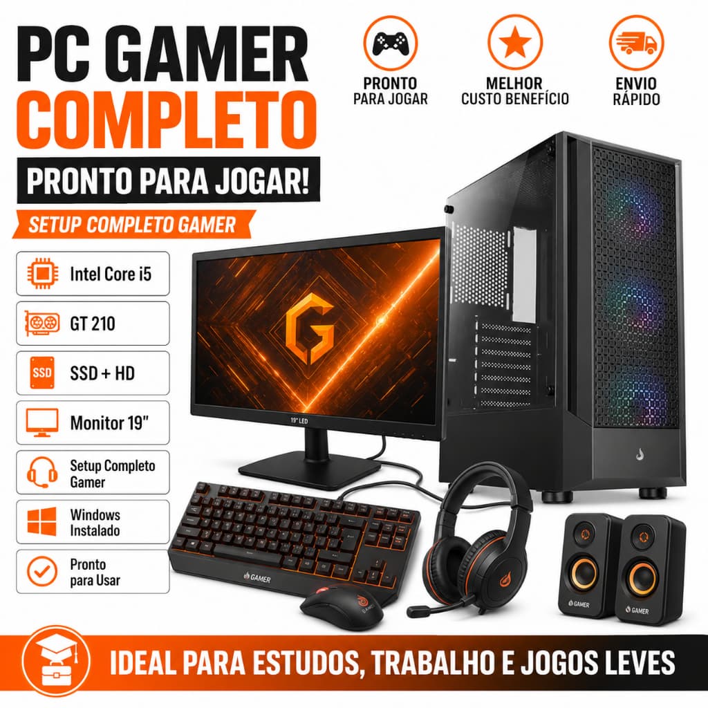 PC Gamer Completo i5 GT 210 SSD 120GB Headset Gamer Monitor 19 Jogos Leves