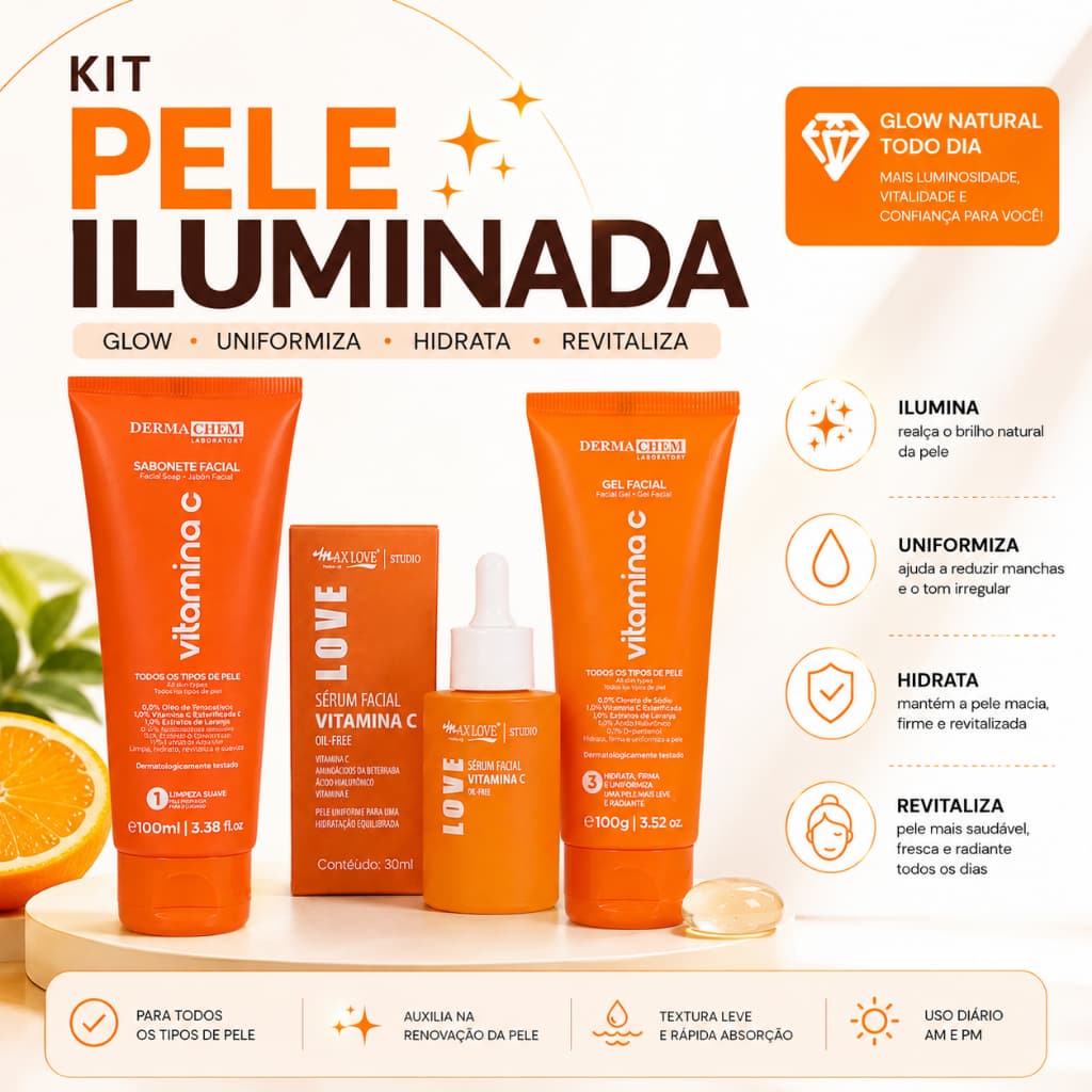 Kit cuidado facial skincare vitamina c sérum sabonete limpeza de pele auxilia no clareamento de mancha