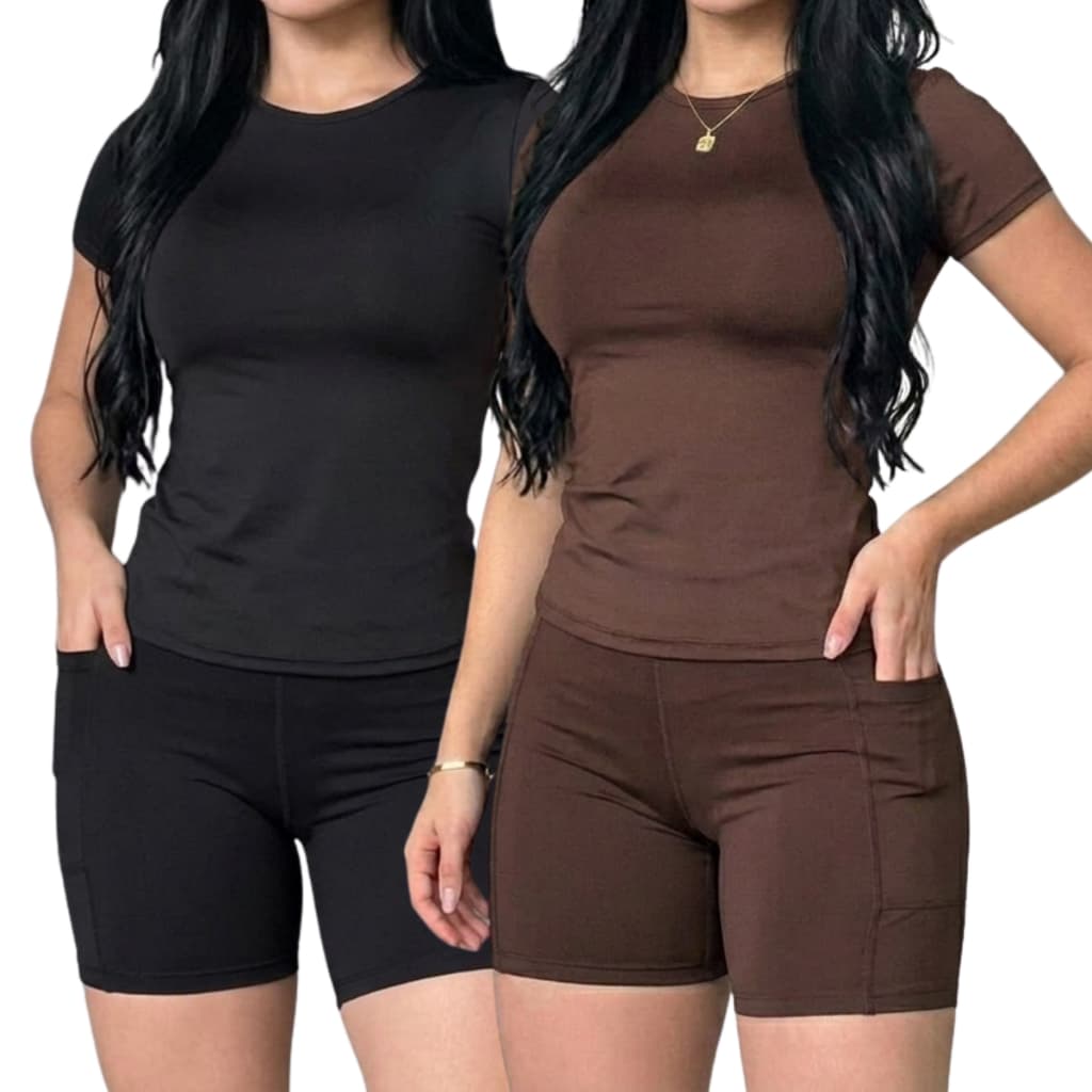 Conjunto De Academia  Short e Blusa Roupa Fitness De treino Feminino Suplex Blusa De Compressão