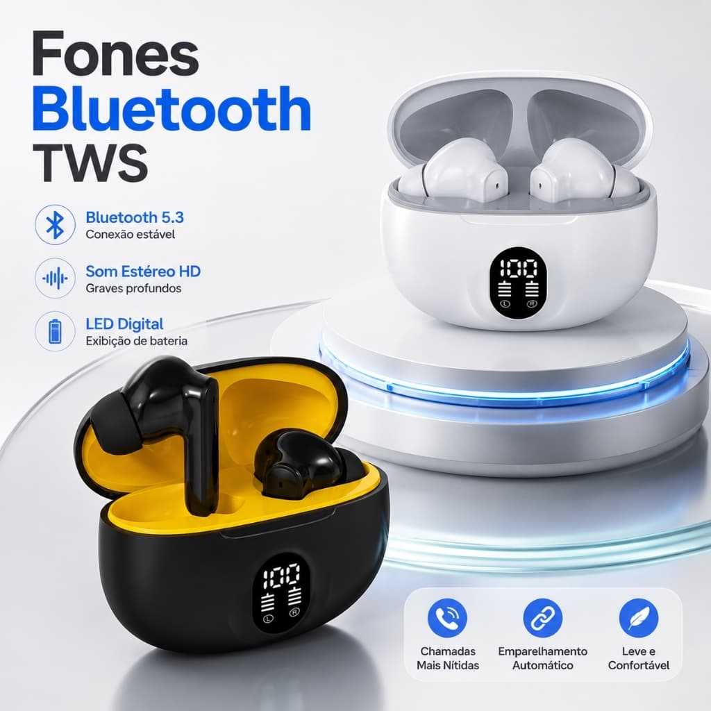 Fone de Ouvido Bluetooth 895B TWS Sem Fio Com Display LED Graves Potentes Baixa Latência
