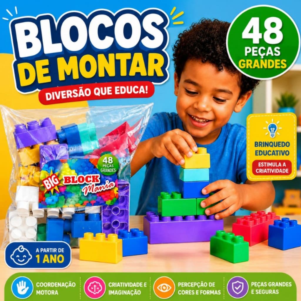 Blocos De Montar Infantil 48 Peças Grandes Coloridas Brinquedo Educativo Monta Monta Lego 1 Ano