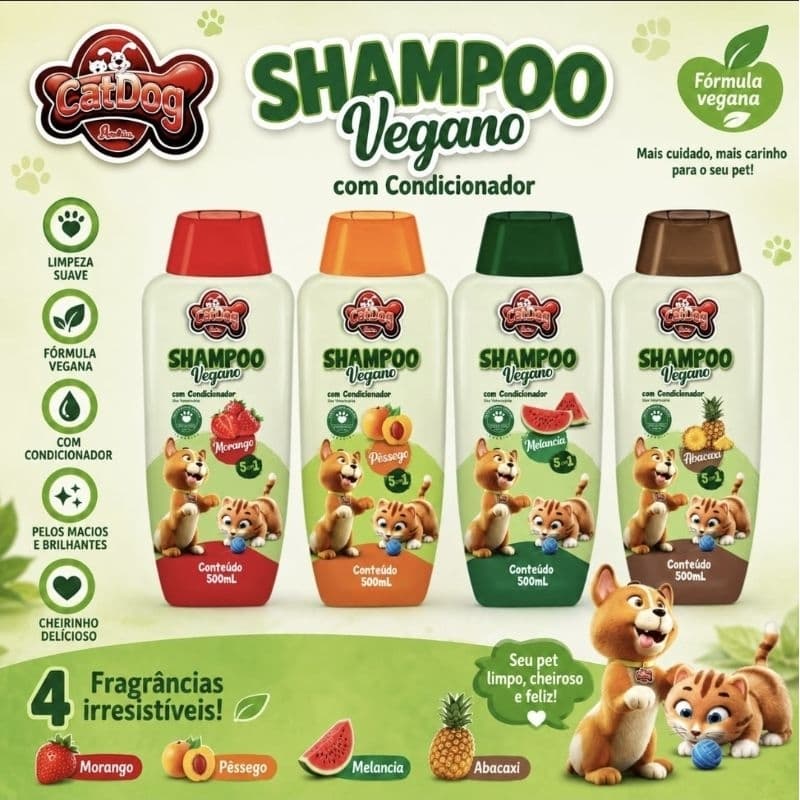 Kit Shampoo Vegano 5 em 1 CatDog para Cachorros e Gatos Fragrâncias de Frutas 500ml