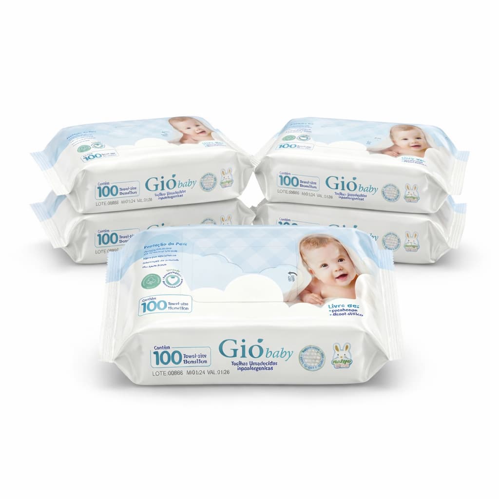 Kit 5 Pacotes Toalhas Umedecidas Gió Baby 100 Folhas 98% Água Lenço Umedecido