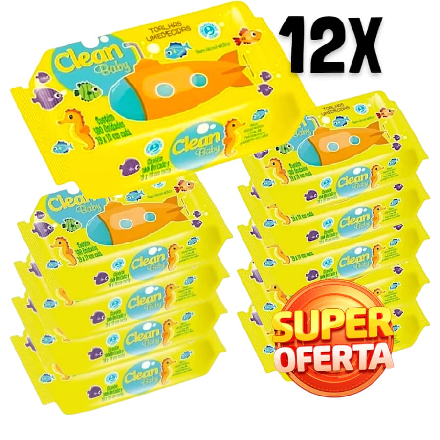 Caixa com 12 Pacotes Toalhas Umedecidas Clean Baby 100 Unidades Cada | Lenço Umedecido Infantil Macio e Higiene Bebê