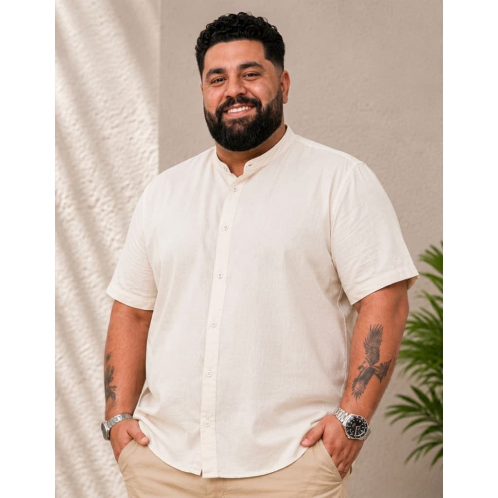 Camisa Social Plus Size Masculina Gola Padre Manga Curta Slim Fit Premium Linho