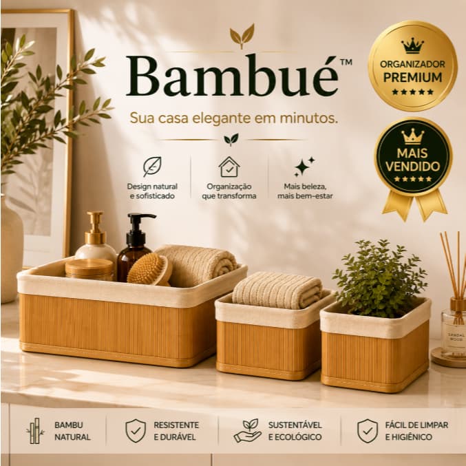 Bambué™ Kit 3 Cestos Organizadores em Bambu Natural Premium para Closet, Banheiro e Cozinha | Organizador Decorativo Mul