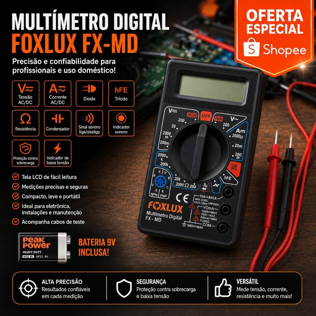 Multímetro Digital Foxlux com Teste de Continuidade Bipe Para Manutenção e Instalações Elétricas