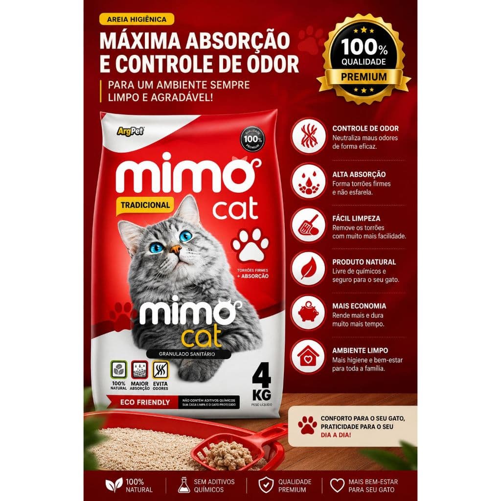 Areia Sanitária para Gato - MimoCat – Antiodor, Alta Absorção, Eco Friendly 100% Natural 20kg