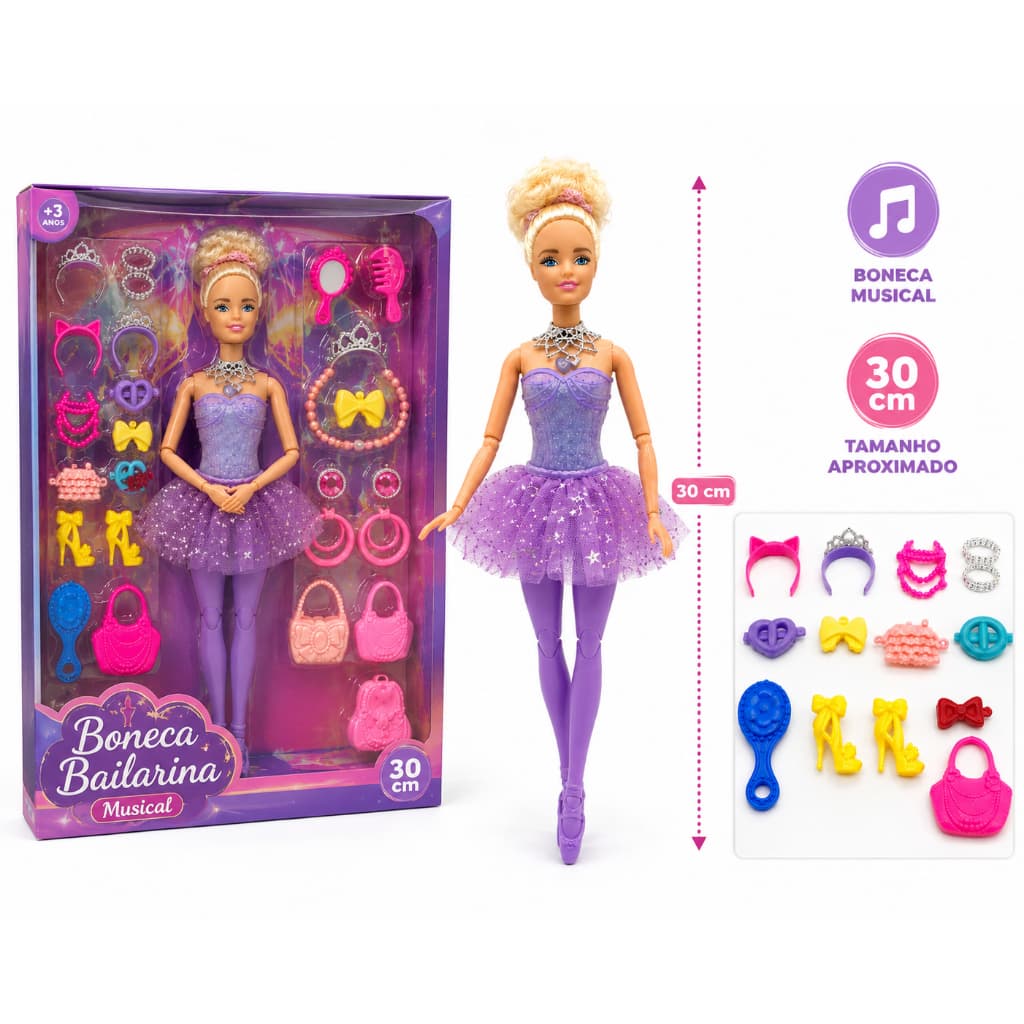 Boneca Bailarina Articulada com Acessórios Fashion Musical e Luzes Brilhantes