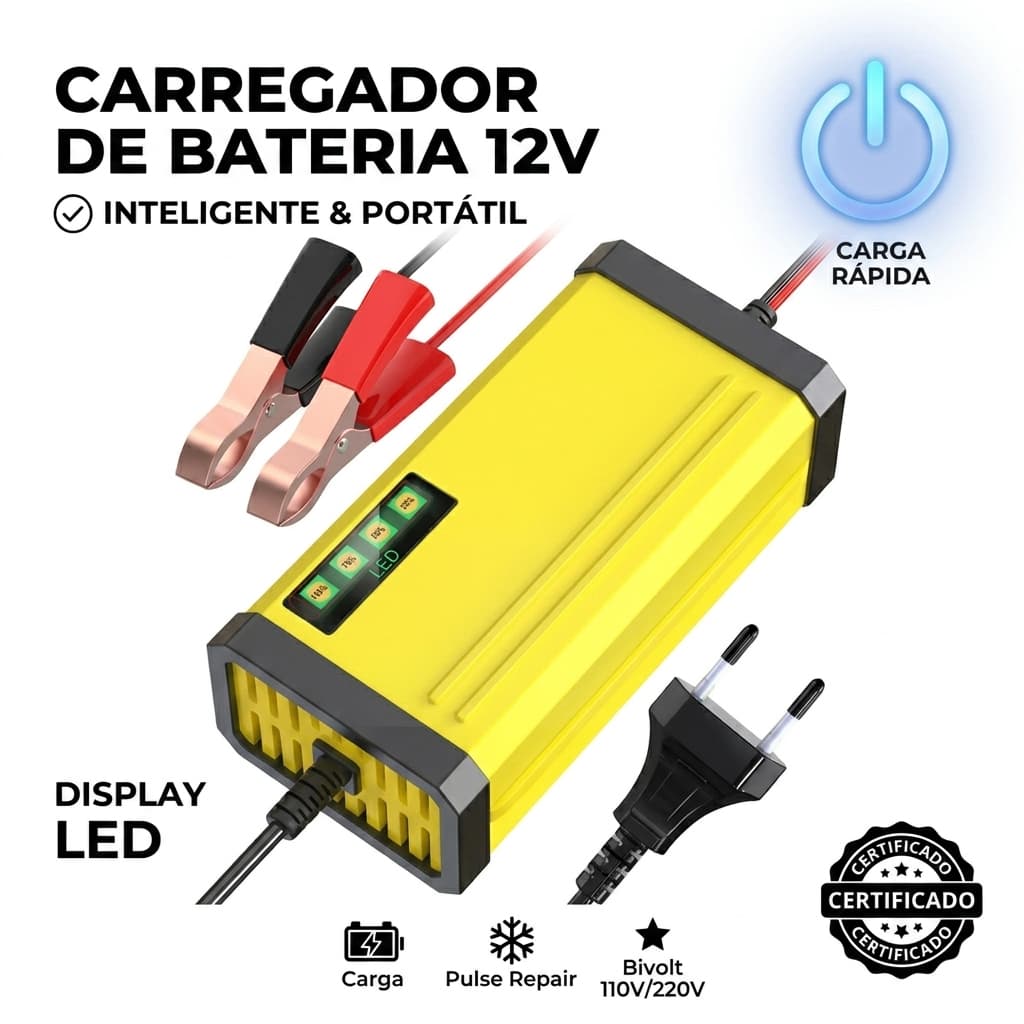 Carregador Inteligente de Bateria Veicular Automotiva 12V Tomada com LED e Proteção carro moto