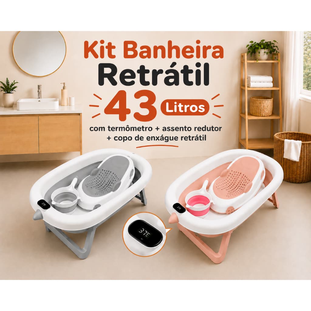 Banheira Retrátil Prakt 43L para Bebê com Termômetro, Assento Redutor Recém Nascido e Copo de Enxágue Retrátil Brinde