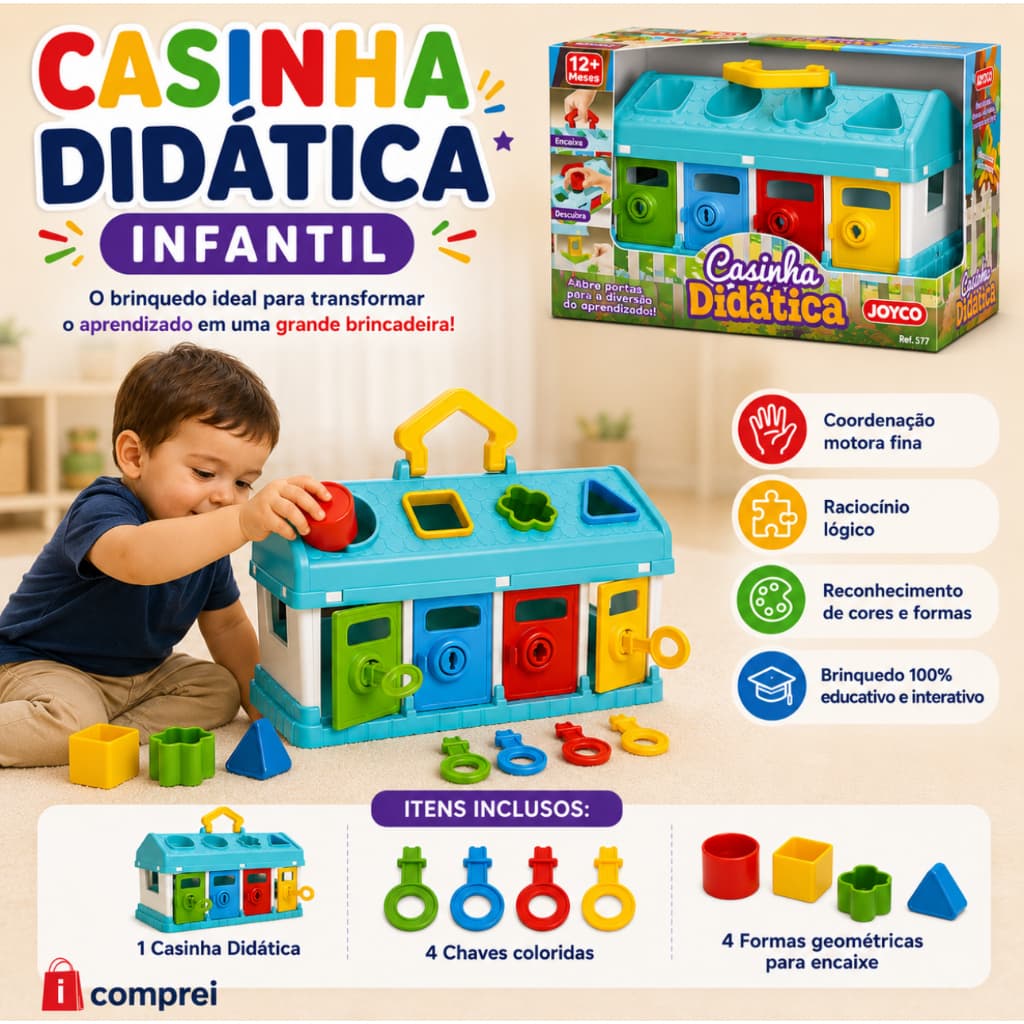 Brinquedo Educativo Casinha Didática Colorida Infantil Com Chaves E Formas Encaixe Divertida