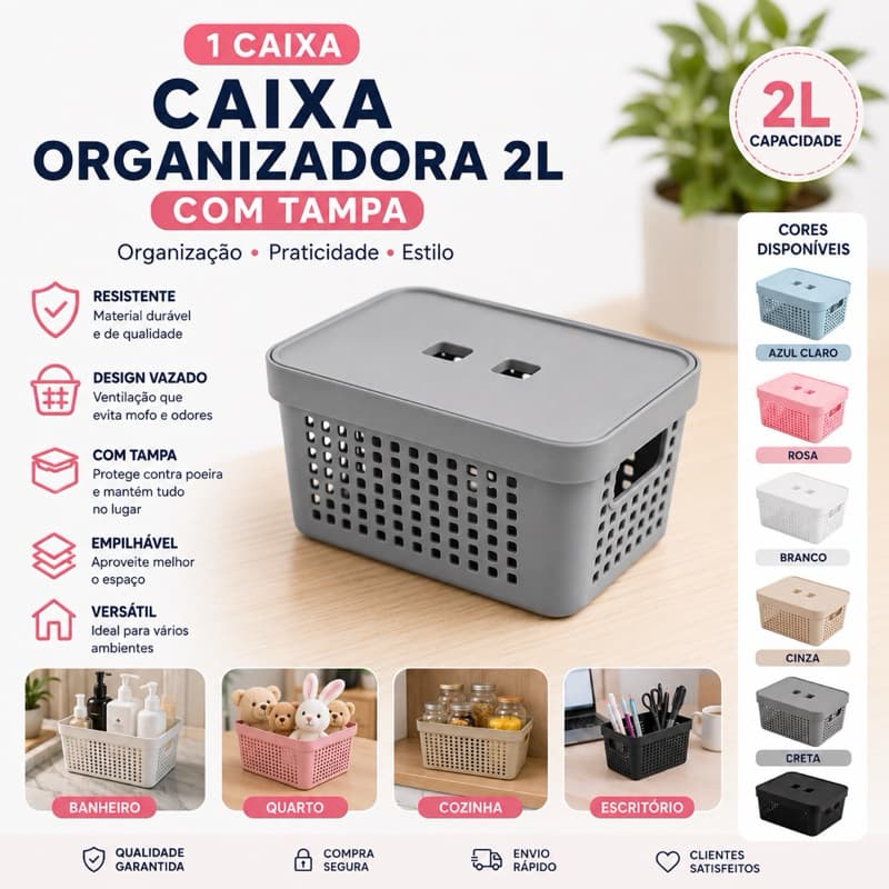 Caixa Organizadora para cozinha, banheiro e quarto 2 Litros com Tampa, Caixa Multiuso, Cesto