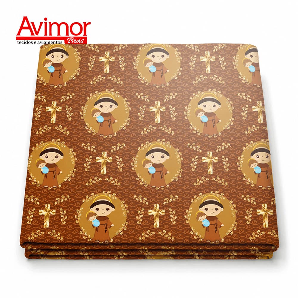 Tecido Tricoline Digital Santo Antonio Bege 100% Algodão Bolsas Decoração Pano Costura