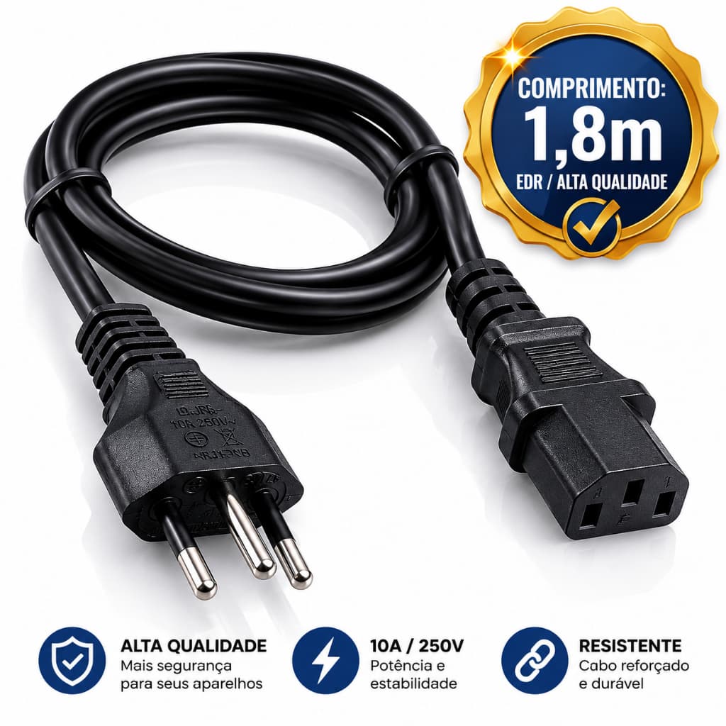 Cabo De Força Tripolar 1,8m Para Computador Monitor E Fonte 10A