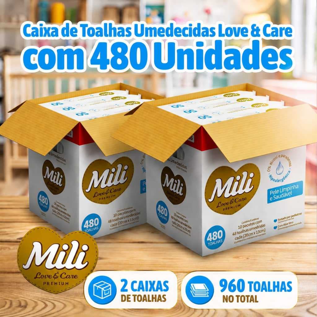 Kit 960 Lenços Toalhas Umedecidas Mili Love & Care Premium, Hipoalergenicas Multiuso