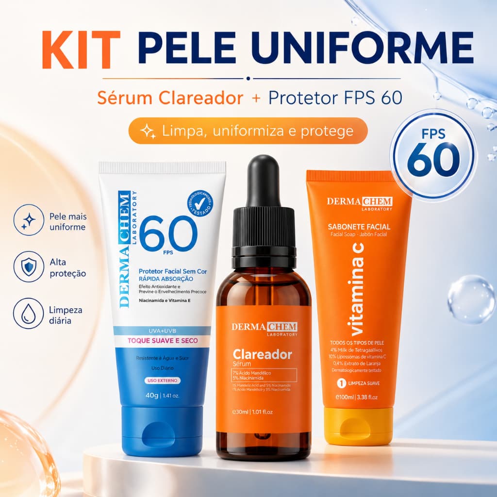Kit Pele Uniforme Dermachem Sérum Clareador 30ml + Sabonete Facial 100ml + Protetor FPS 60