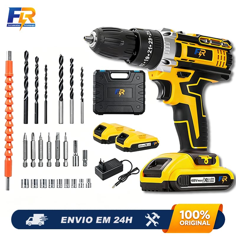 Parafusadeira Furadeira Sem Fio Impacto 48V 3 funções Kit Completo com 2 Baterias e Maleta